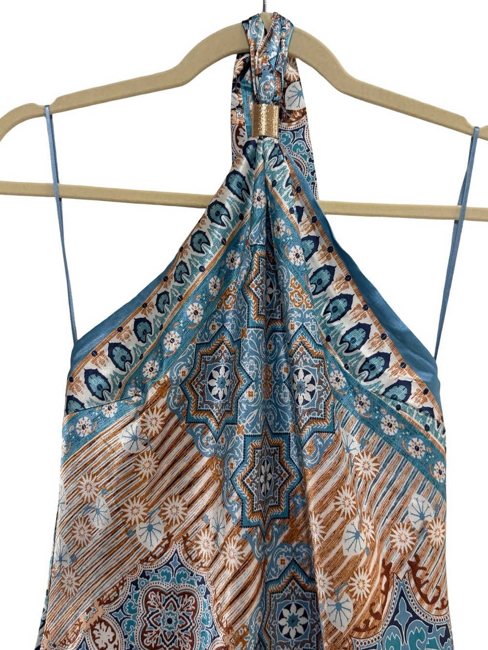 Thirty Thirty Paisley Halter Mini Dress Blue Tan S NWT - Picture 7 of 10